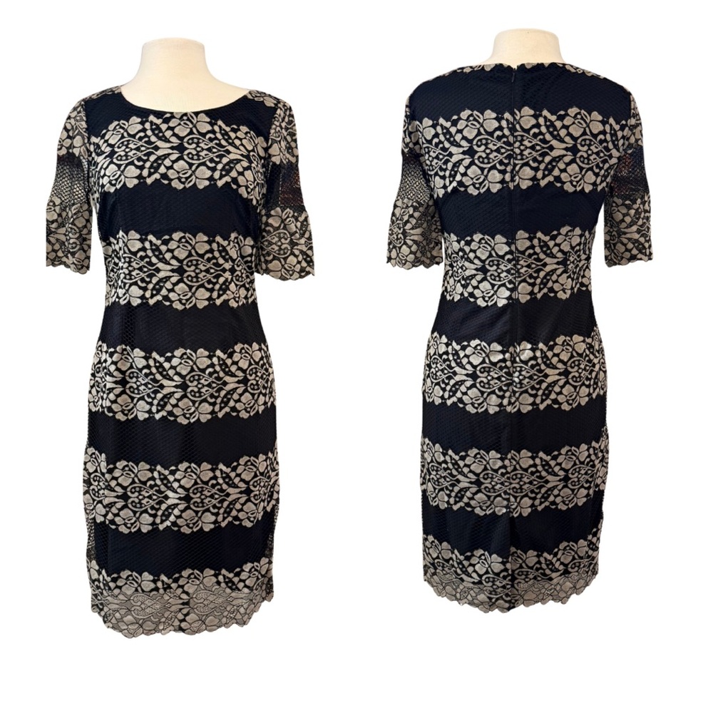 ANTONIO MELANI Sz 6 Black and Cream Lace Sheath Knee Length Dress Short Sleeve